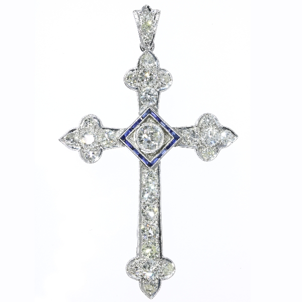 Impressive Art Deco diamond cross with sapphires
